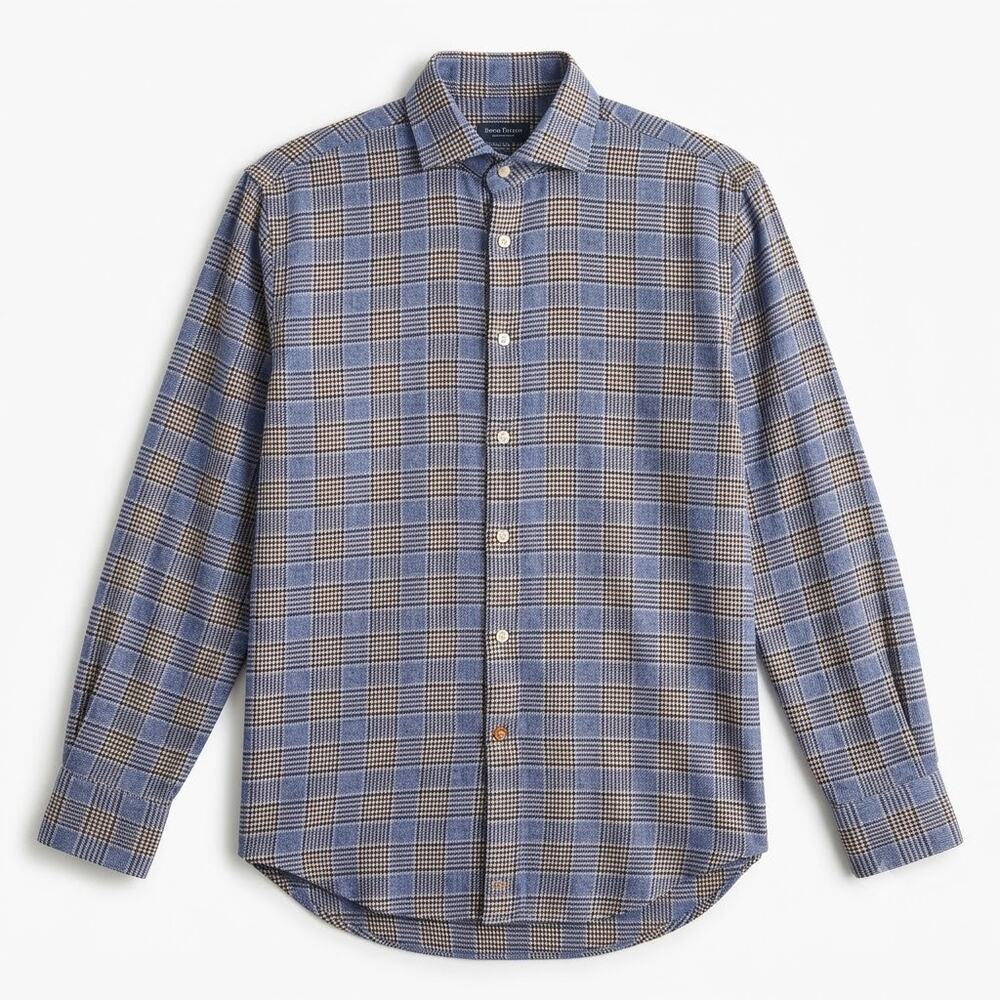 Thomas Dean Basketweave Glen Check Shirt Blue Brown Button Up Casual Mens Large